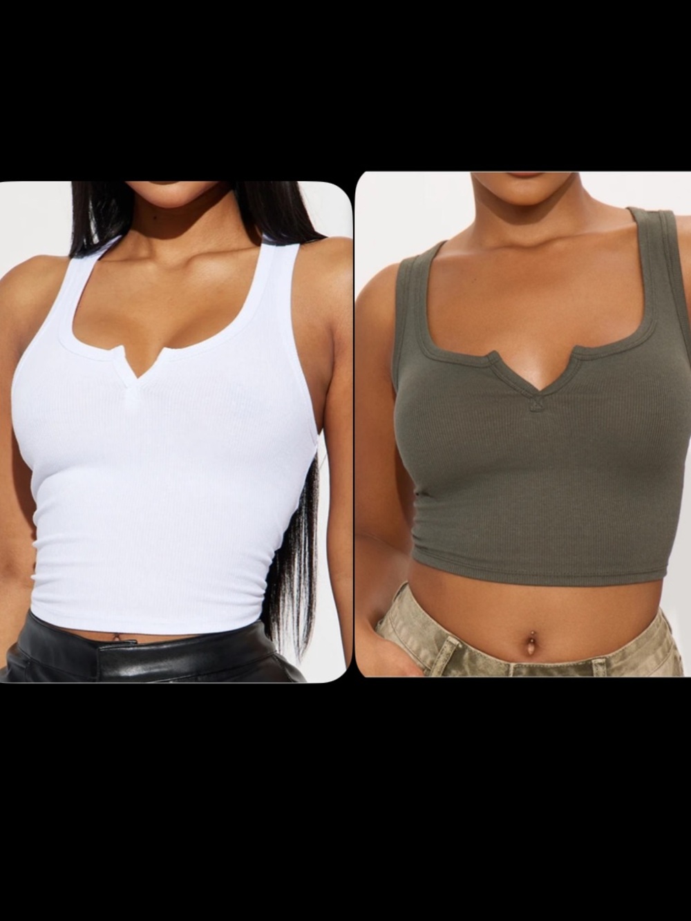 Set of 2 Ribbed Cropped Tank Tops in White & Olive